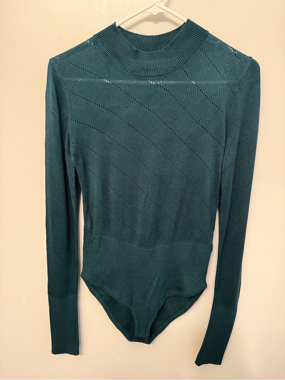 Free People What’s That Pointelle Long-Sleeve Teal Knit Bodysuit